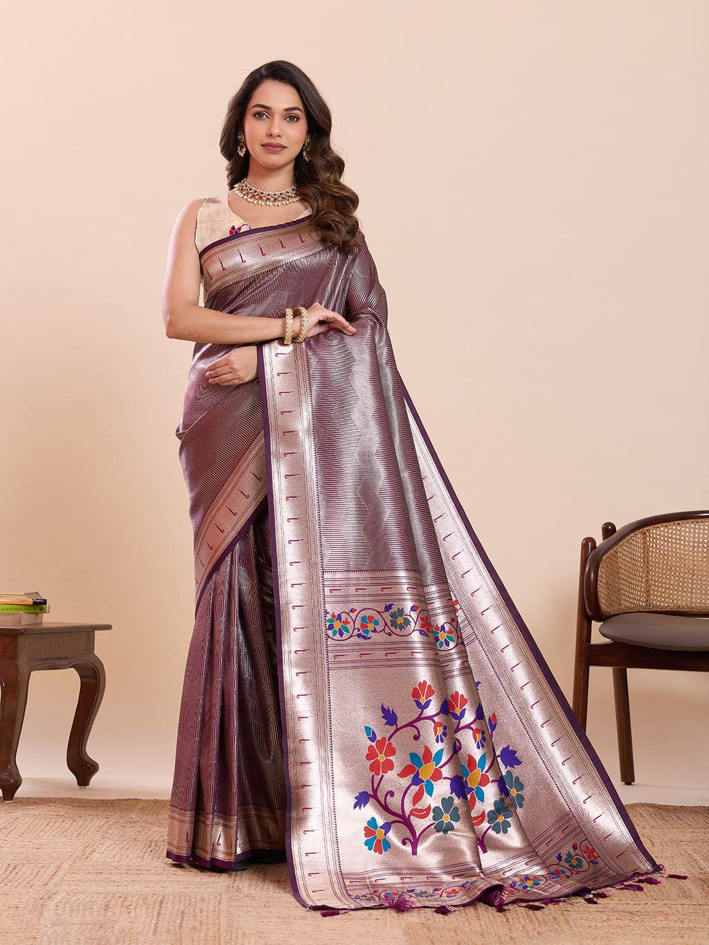 Fabrica Vibe Lavender Metallic Paithani Inspired Silk Saree with Multicolor Floral Pallu