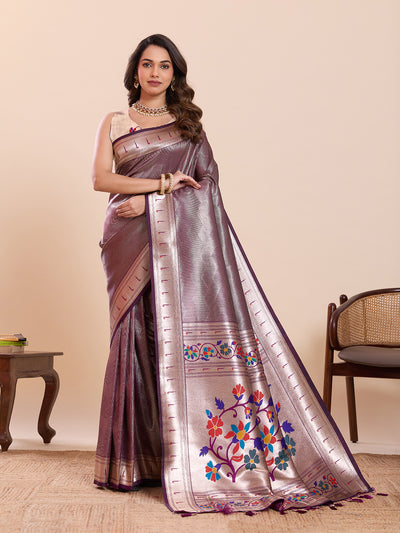 Fabrica Vibe Lavender Metallic Paithani Inspired Silk Saree with Multicolor Floral Pallu