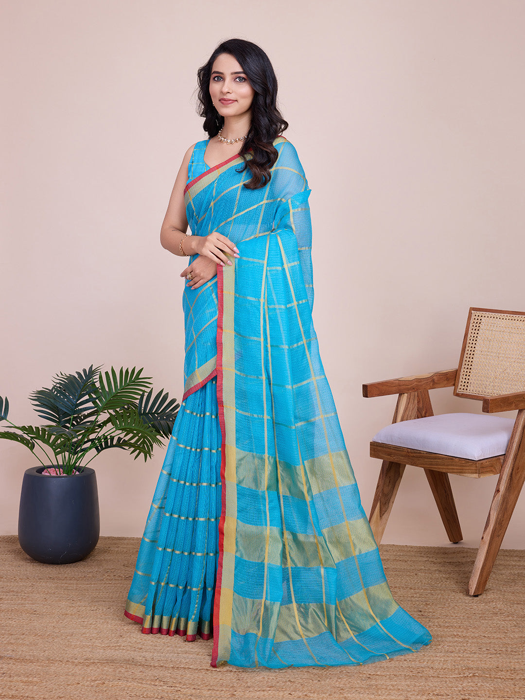 Fabrica Vibe Sky Blue Handwoven Cotton Saree with Golden Checks & Contrast Border