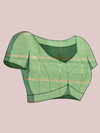 Fabrica Vibe Mint Green & Gold Checked Linen Cotton Saree with Contrast Red Border