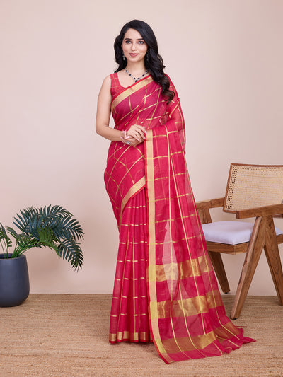 Fabrica Vibe Rani Pink Gold Checkered Linen Blend Saree with Zari Border
