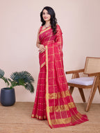 Fabrica Vibe Rani Pink Gold Checkered Linen Blend Saree with Zari Border