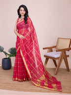 Fabrica Vibe Rani Pink Gold Checkered Linen Blend Saree with Zari Border