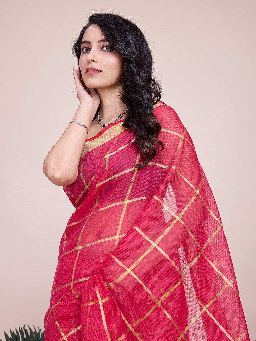 Fabrica Vibe Rani Pink Gold Checkered Linen Blend Saree with Zari Border