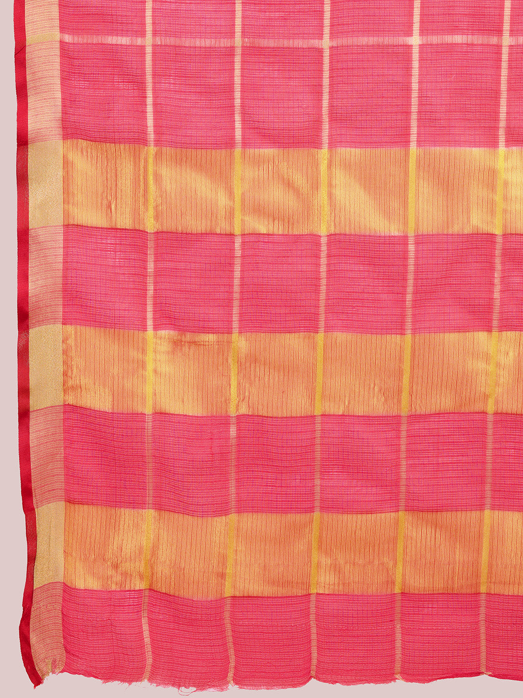 Fabrica Vibe Rani Pink Gold Checkered Linen Blend Saree with Zari Border