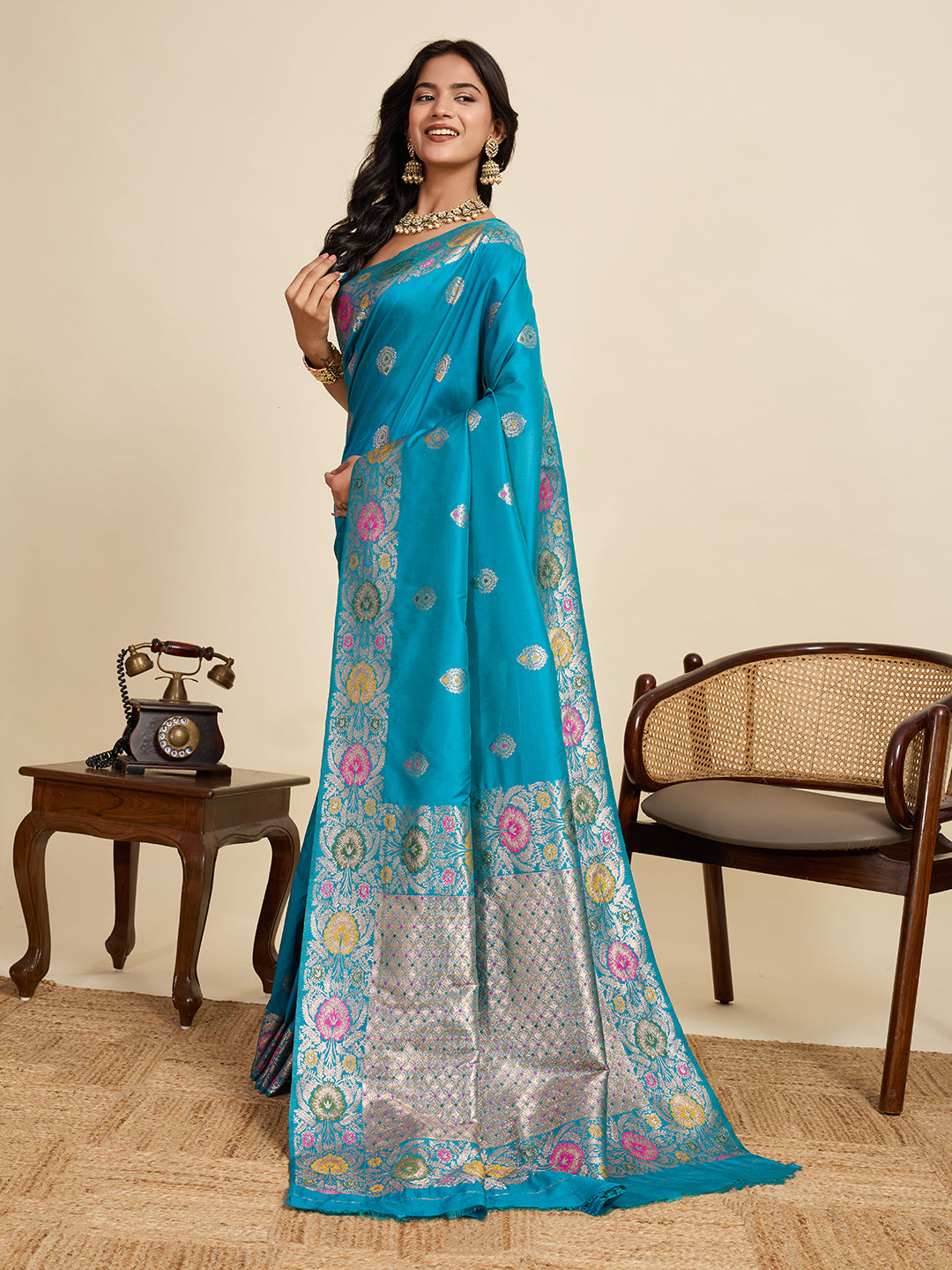 Fabrica Vibe Turquoise Blue Banarasi Silk Saree with Multicolor Floral Zari Border