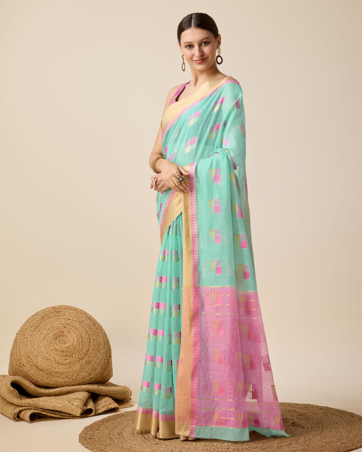 Fabrica Vibe Handwoven Bengal Cotton Saree in Aqua Mint & Pink with Woven Geometric Motifs