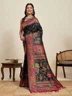 Fabrica Vibe Black Art Silk Folk Dance Printed Saree with Peacock Motifs & Tassel Pallu