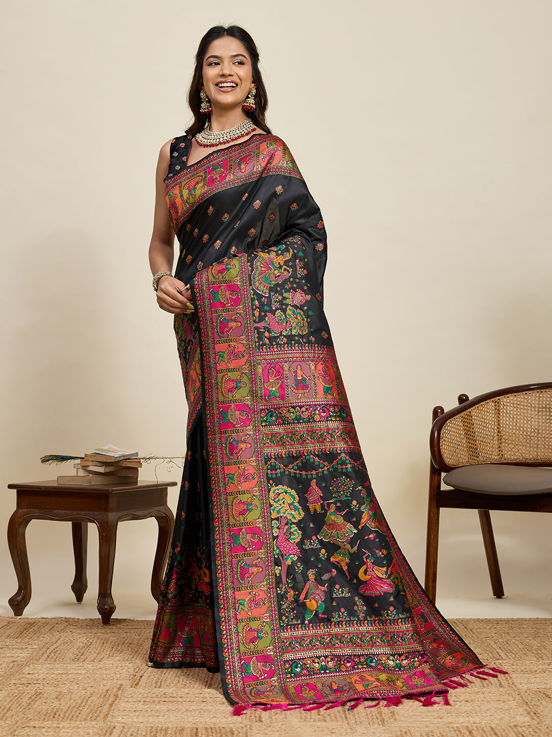 Fabrica Vibe Black Art Silk Folk Dance Printed Saree with Peacock Motifs & Tassel Pallu