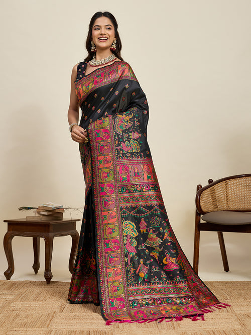 Fabrica Vibe Black Art Silk Folk Dance Printed Saree with Peacock Motifs & Tassel Pallu