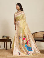 Fabrica Vibe Premium Lemon Yellow Organza Silk Saree with Peacock Pallu & Zari Woven Border