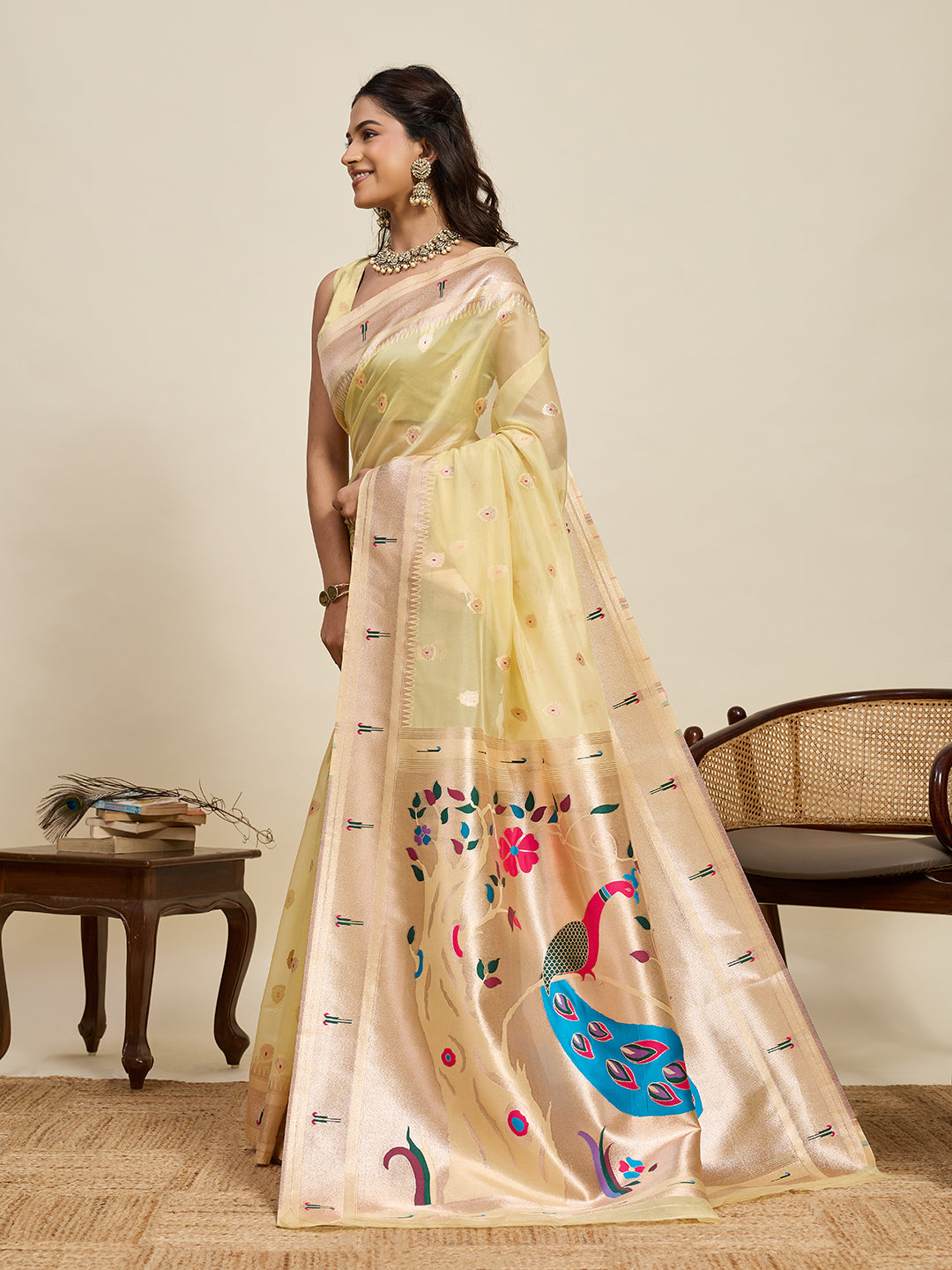 Fabrica Vibe Premium Lemon Yellow Organza Silk Saree with Peacock Pallu & Zari Woven Border