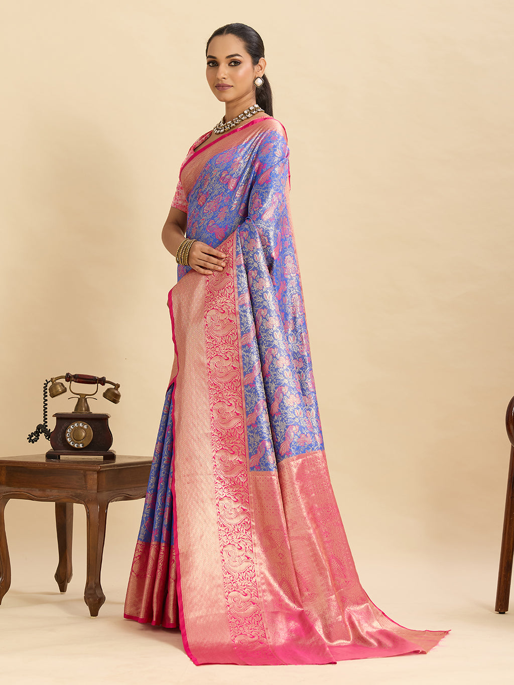 Fabrica Vibe Royal Blue & Pink Banarasi Silk Blend Saree with Floral Zari Weaving