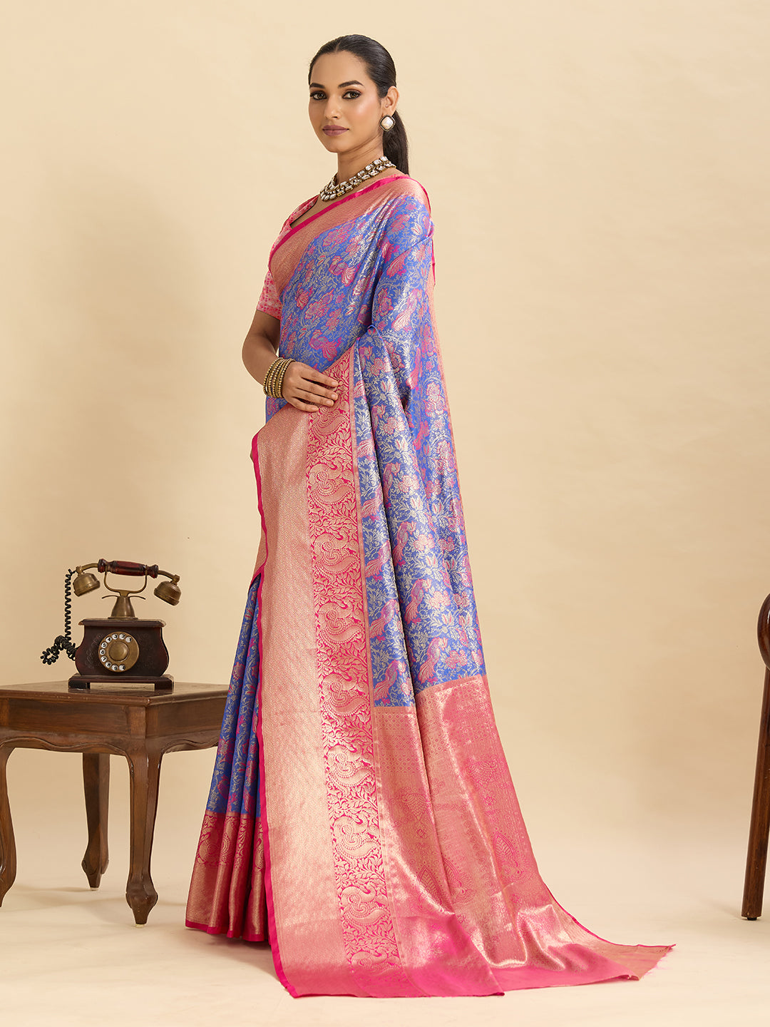 Fabrica Vibe Royal Blue & Pink Banarasi Silk Blend Saree with Floral Zari Weaving