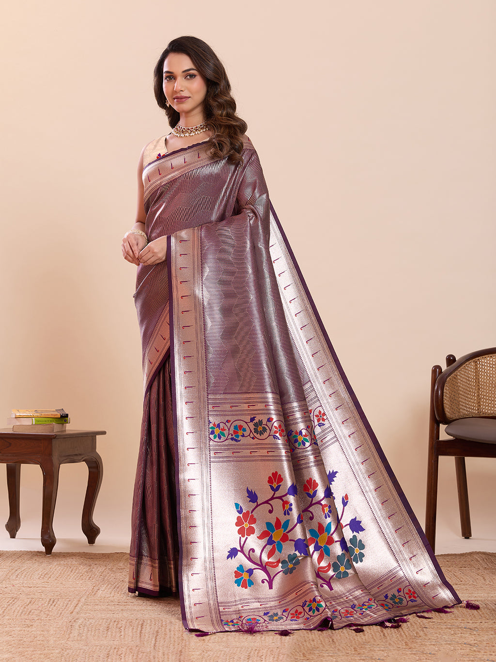 Fabrica Vibe Lavender Metallic Paithani Inspired Silk Saree with Multicolor Floral Pallu