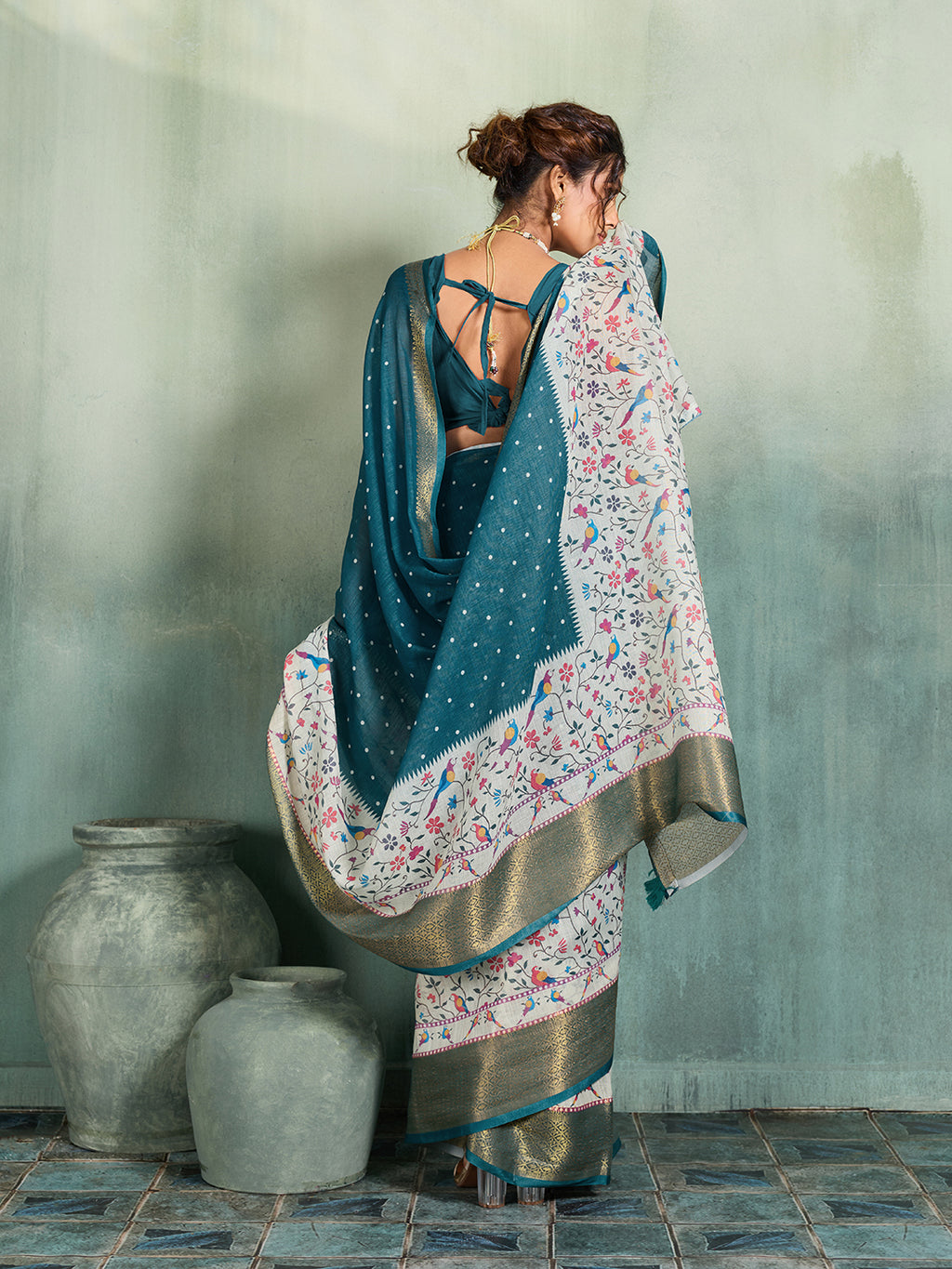 Fabrica Vibe Teal Blue Handwoven Linen Saree with Floral & Bird Motifs