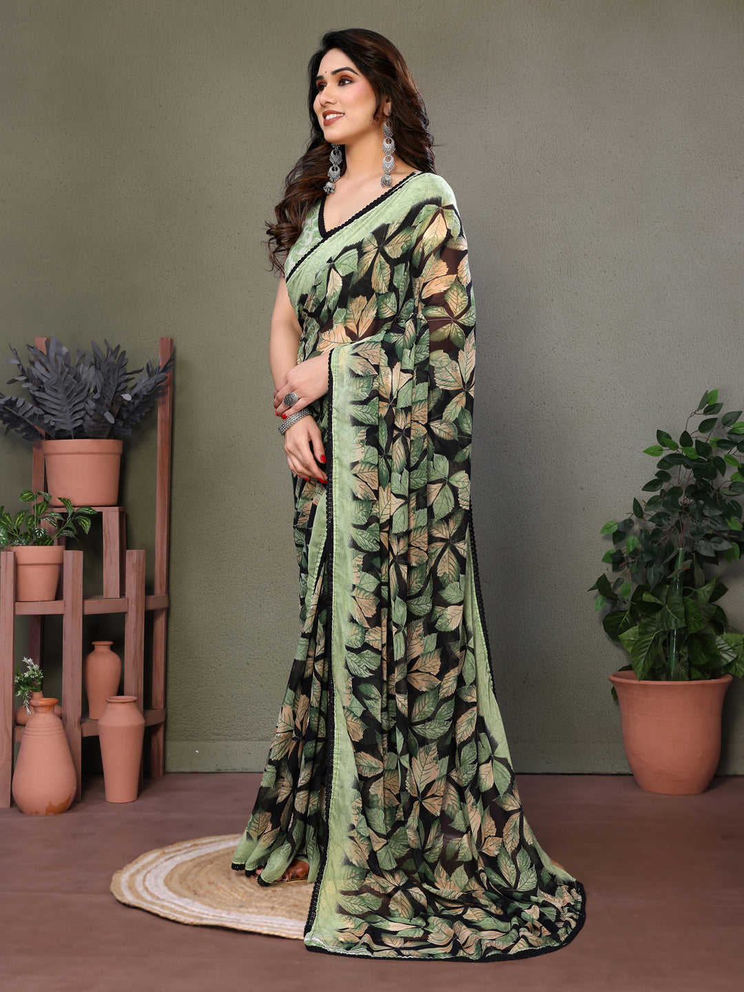 Fabrica Vibe Sage Green Floral Leaf Printed Saree with Designer Blouse