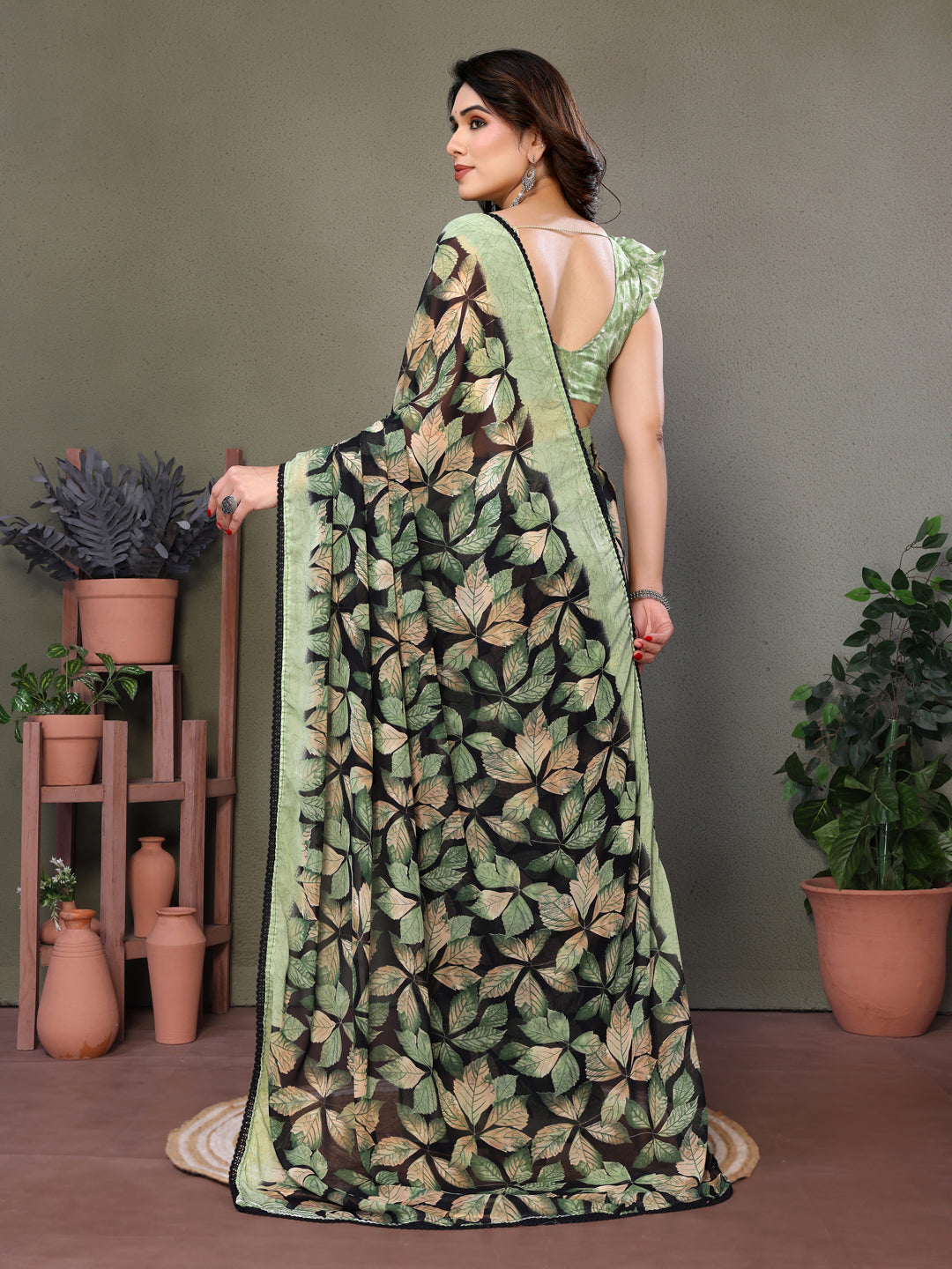 Fabrica Vibe Sage Green Floral Leaf Printed Saree with Designer Blouse