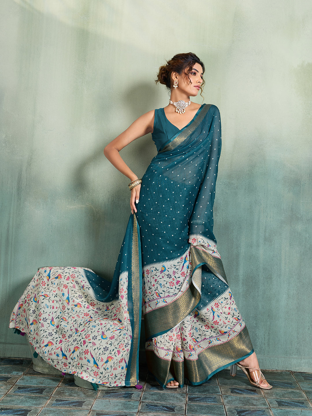 Fabrica Vibe Teal Blue Handwoven Linen Saree with Floral & Bird Motifs