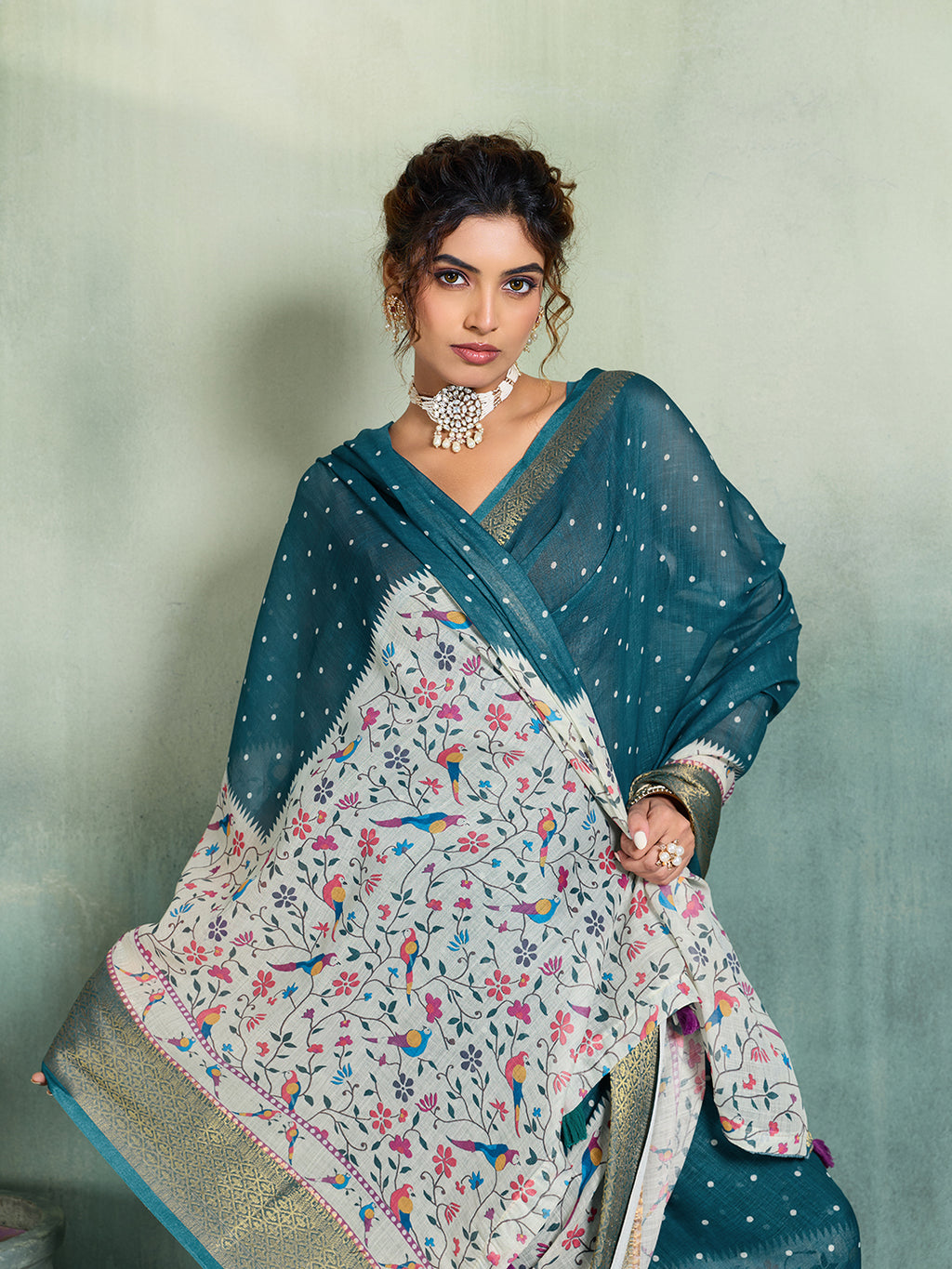 Fabrica Vibe Teal Blue Handwoven Linen Saree with Floral & Bird Motifs