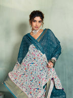 Fabrica Vibe Teal Blue Handwoven Linen Saree with Floral & Bird Motifs