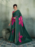 Fabrica Vibe Dark Green Handwoven Cotton Saree with Pink Floral Motifs