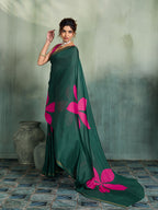 Fabrica Vibe Dark Green Handwoven Cotton Saree with Pink Floral Motifs