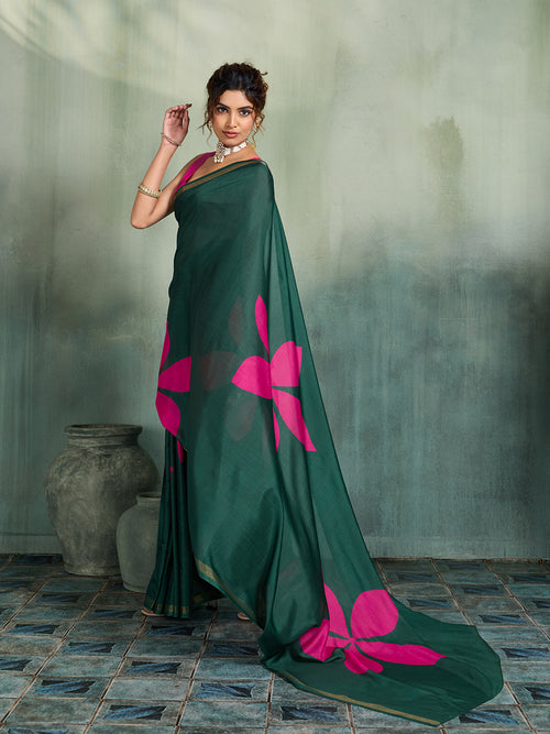 Fabrica Vibe Dark Green Handwoven Cotton Saree with Pink Floral Motifs