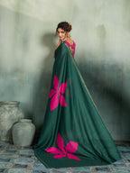 Fabrica Vibe Dark Green Handwoven Cotton Saree with Pink Floral Motifs