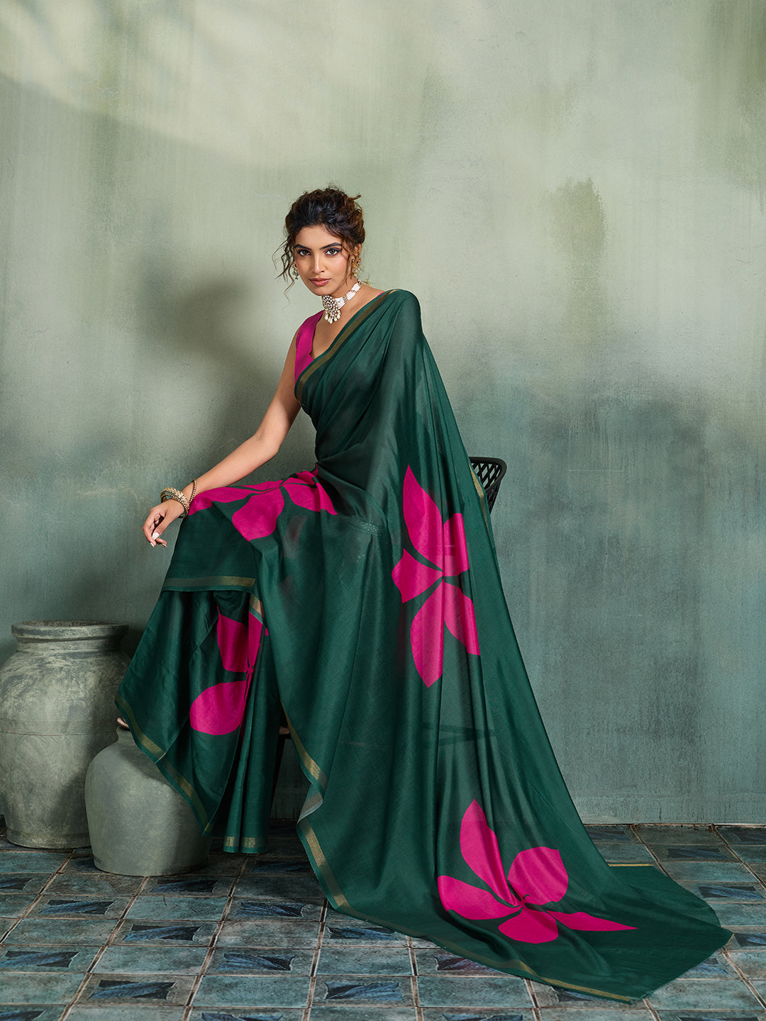 Fabrica Vibe Dark Green Handwoven Cotton Saree with Pink Floral Motifs