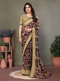 Fabrica Vibe Beige & Black Floral Printed Chiffon Saree with Unstitched Blouse Piece