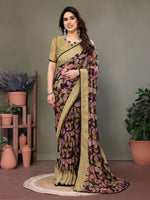 Fabrica Vibe Beige & Black Floral Printed Chiffon Saree with Unstitched Blouse Piece