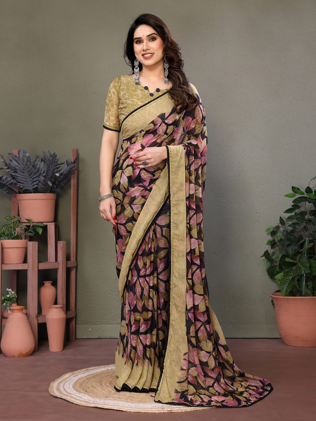 Fabrica Vibe Beige & Black Floral Printed Chiffon Saree with Unstitched Blouse Piece