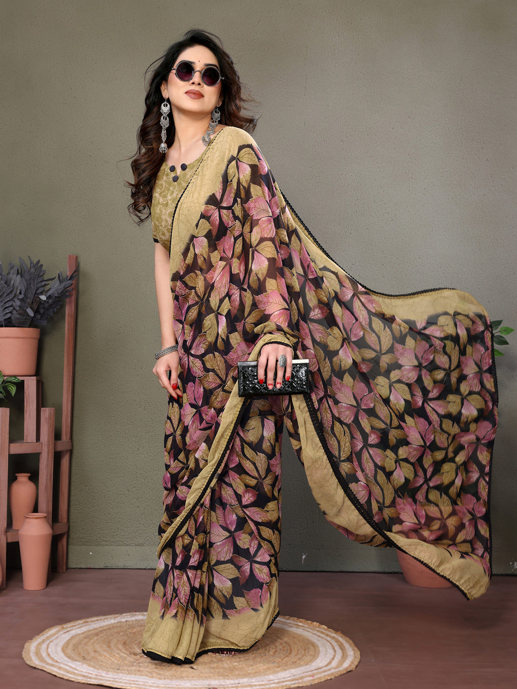 Fabrica Vibe Beige & Black Floral Printed Chiffon Saree with Unstitched Blouse Piece