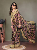 Fabrica Vibe Beige & Black Floral Printed Chiffon Saree with Unstitched Blouse Piece