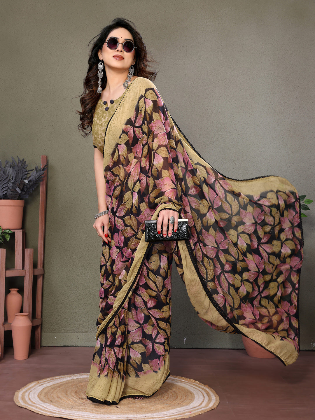 Fabrica Vibe Beige & Black Floral Printed Chiffon Saree with Unstitched Blouse Piece