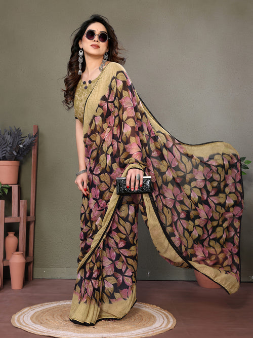 Fabrica Vibe Beige & Black Floral Printed Chiffon Saree with Unstitched Blouse Piece