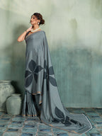 Fabrica Vibe Grey Handwoven Cotton Saree with Charcoal Floral Motifs