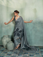 Fabrica Vibe Grey Handwoven Cotton Saree with Charcoal Floral Motifs