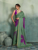 Fabrica Vibe Sage Green Handwoven Cotton Saree with Purple Floral Motifs