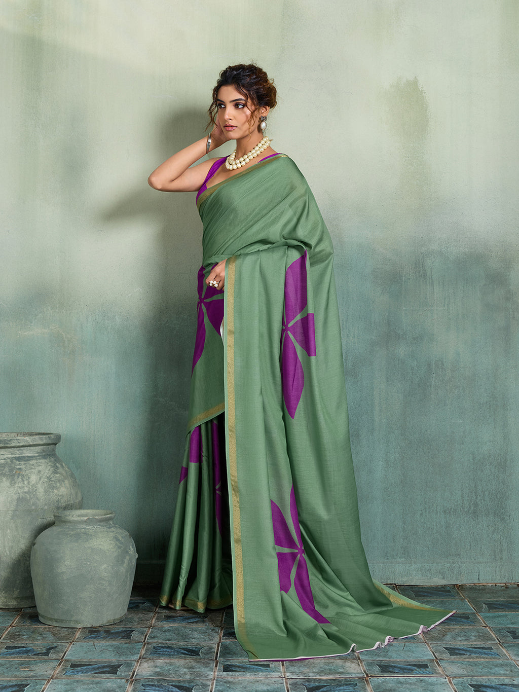 Fabrica Vibe Sage Green Handwoven Cotton Saree with Purple Floral Motifs