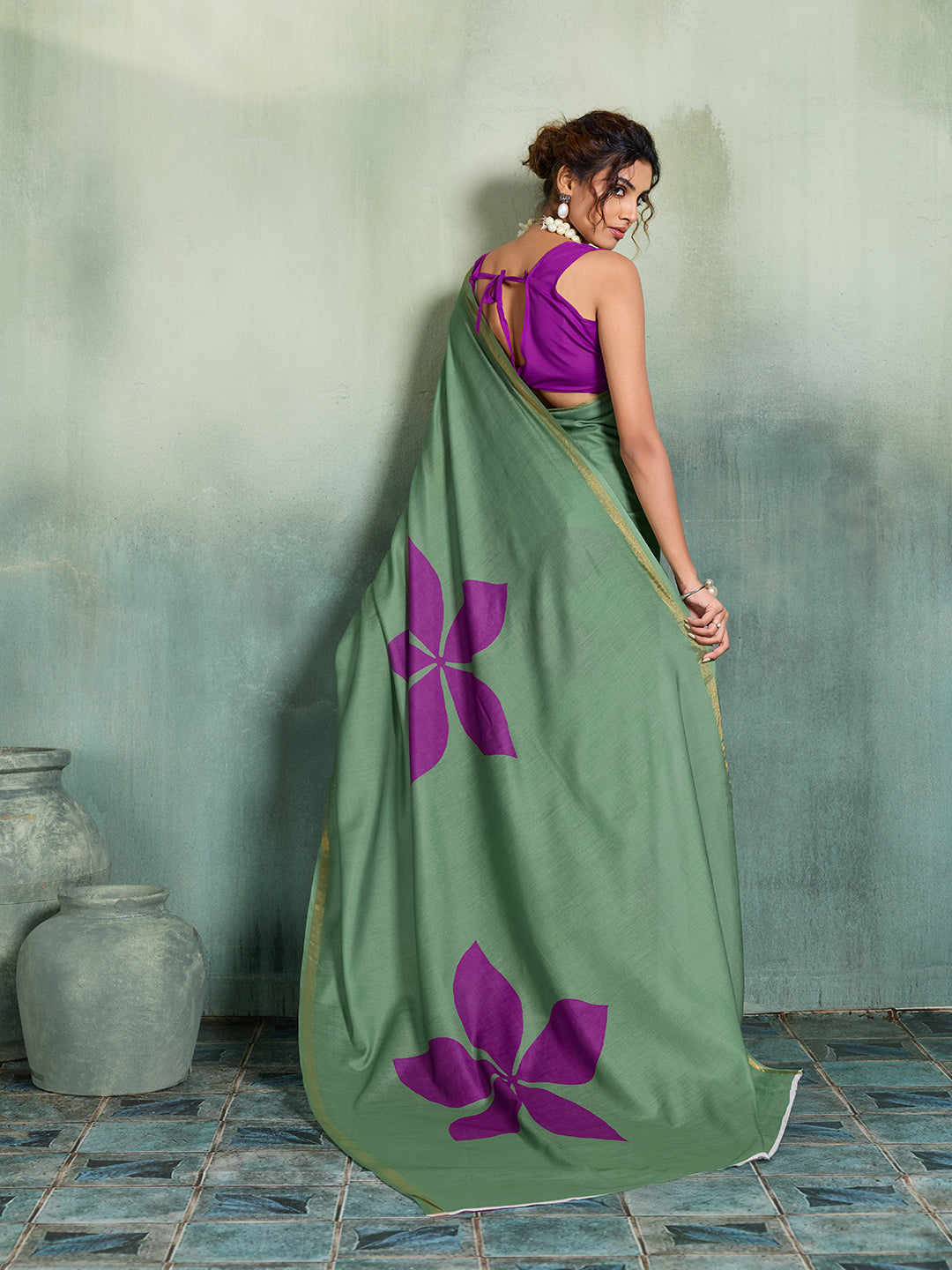 Fabrica Vibe Sage Green Handwoven Cotton Saree with Purple Floral Motifs