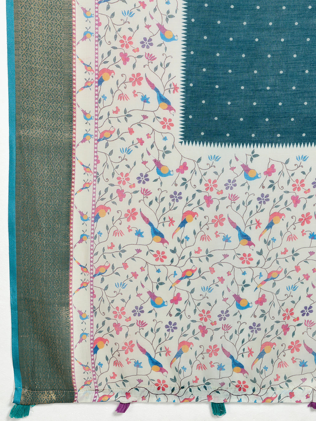Fabrica Vibe Teal Blue Handwoven Linen Saree with Floral & Bird Motifs