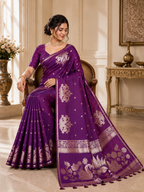 Fabrica Vibe Royal Purple Banarasi Inspired Silk Blend Saree with Swan & Lotus Zari Weaving
