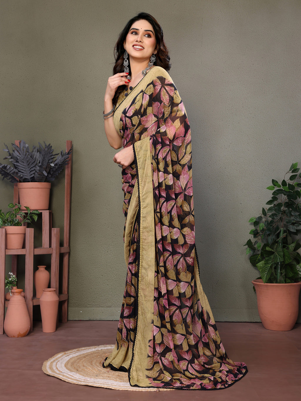 Fabrica Vibe Beige & Black Floral Printed Chiffon Saree with Unstitched Blouse Piece