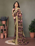 Fabrica Vibe Beige & Black Floral Printed Chiffon Saree with Unstitched Blouse Piece