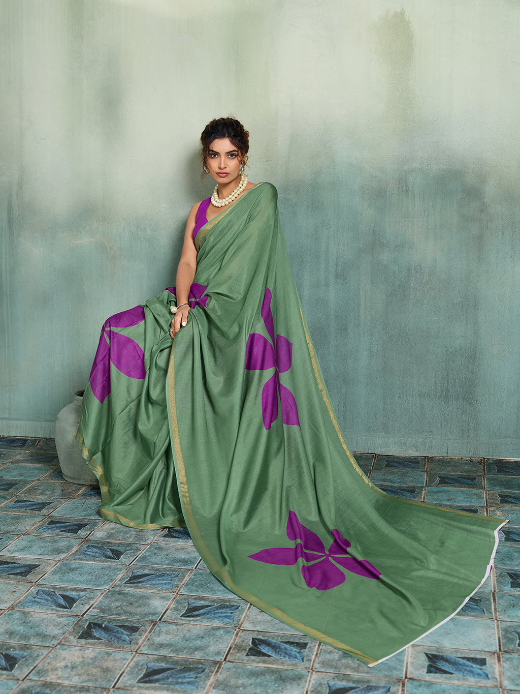 Fabrica Vibe Sage Green Handwoven Cotton Saree with Purple Floral Motifs