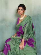 Fabrica Vibe Sage Green Handwoven Cotton Saree with Purple Floral Motifs