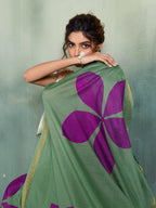 Fabrica Vibe Sage Green Handwoven Cotton Saree with Purple Floral Motifs