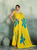 Fabrica Vibe Yellow Handwoven Cotton Saree with Turquoise Floral Motifs